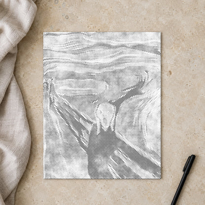 Stippenschilderij “Edvard Munch De Schreeuw”, van bovenaf op een werktafel bij zacht daglicht.