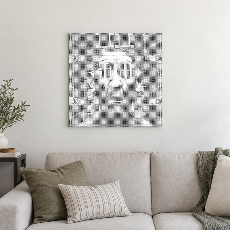 Stippenschilderij “Vreesaanjagende Man”, aan een lichte muur in een kamer met zacht daglicht.