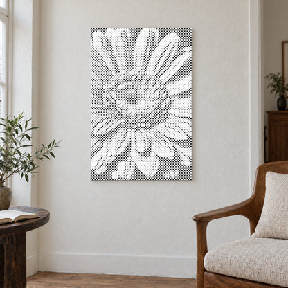 Stippenschilderij “Gerbera Bloem”, aan een lichte muur in een kamer met zacht daglicht.