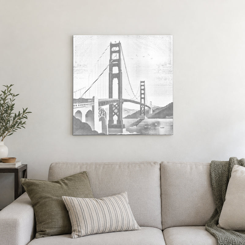 Stippenschilderij “Golden Gate Bridge”, aan een lichte muur in een kamer met zacht daglicht.
