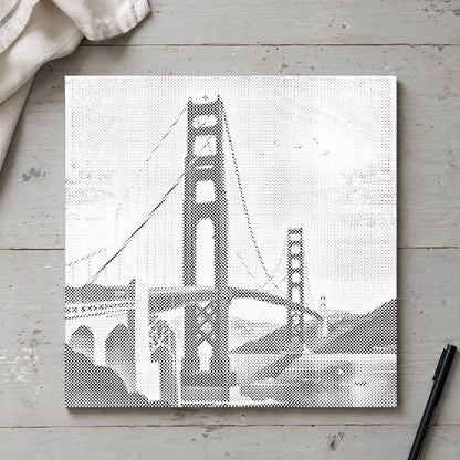 Stippenschilderij “Golden Gate Bridge”, van bovenaf op een werktafel bij zacht daglicht.