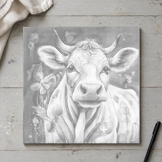Stippenschilderij “Vrolijke koe”, van bovenaf op een werktafel bij zacht daglicht.