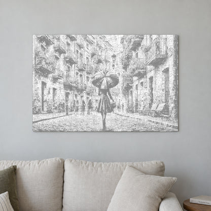 Stippenschilderij “In de regen”, aan een lichte muur in een kamer met zacht daglicht.