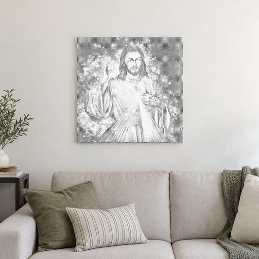 Stippenschilderij “Jezus: Het Vervolg”, aan een lichte muur in een kamer met zacht daglicht.