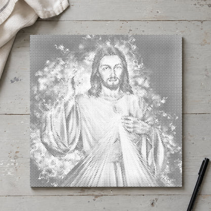Stippenschilderij “Jezus: Het Vervolg”, van bovenaf op een werktafel bij zacht daglicht.