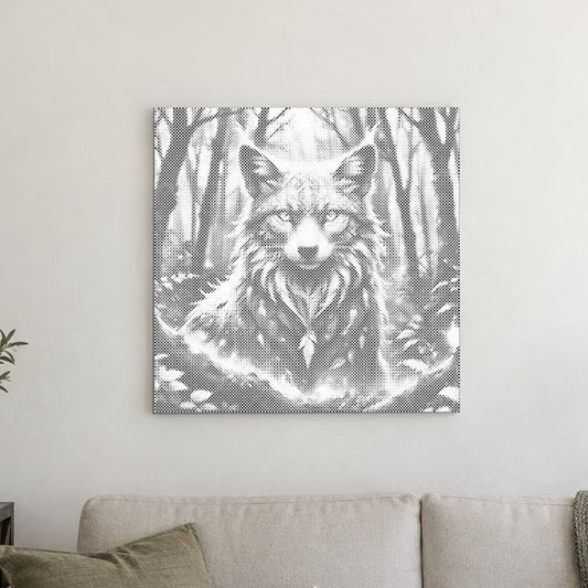 Stippenschilderij “Magische vos”, aan een lichte muur in een kamer met zacht daglicht.