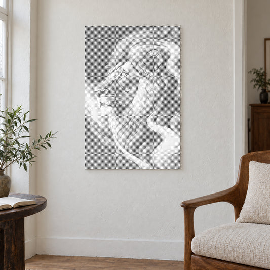 Stippenschilderij “Majestueuze Leeuw”, aan een lichte muur in een kamer met zacht daglicht.