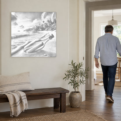 Stippenschilderij “Flessenpost”, aan een lichte muur, met iemand die door de deur ernaast loopt.