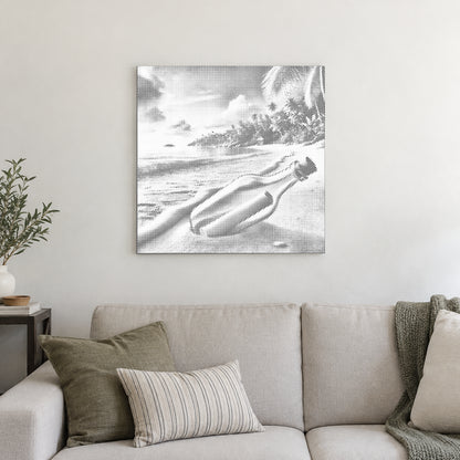 Stippenschilderij “Flessenpost”, aan een lichte muur in een kamer met zacht daglicht.