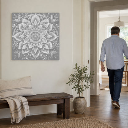 Stippenschilderij “Moderne Mandala Muurkunst”, aan een lichte muur, met iemand die door de deur ernaast loopt.