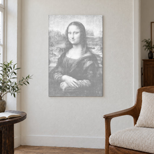 Stippenschilderij “Mona Lisa door Leonardo da Vinci”, aan een lichte muur in een kamer met zacht daglicht.