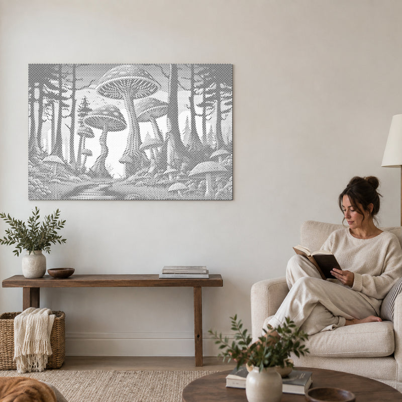 Stippenschilderij “Paddenstoelen”, aan een muur in de woonkamer, met iemand die ernaast in een fauteuil leest.