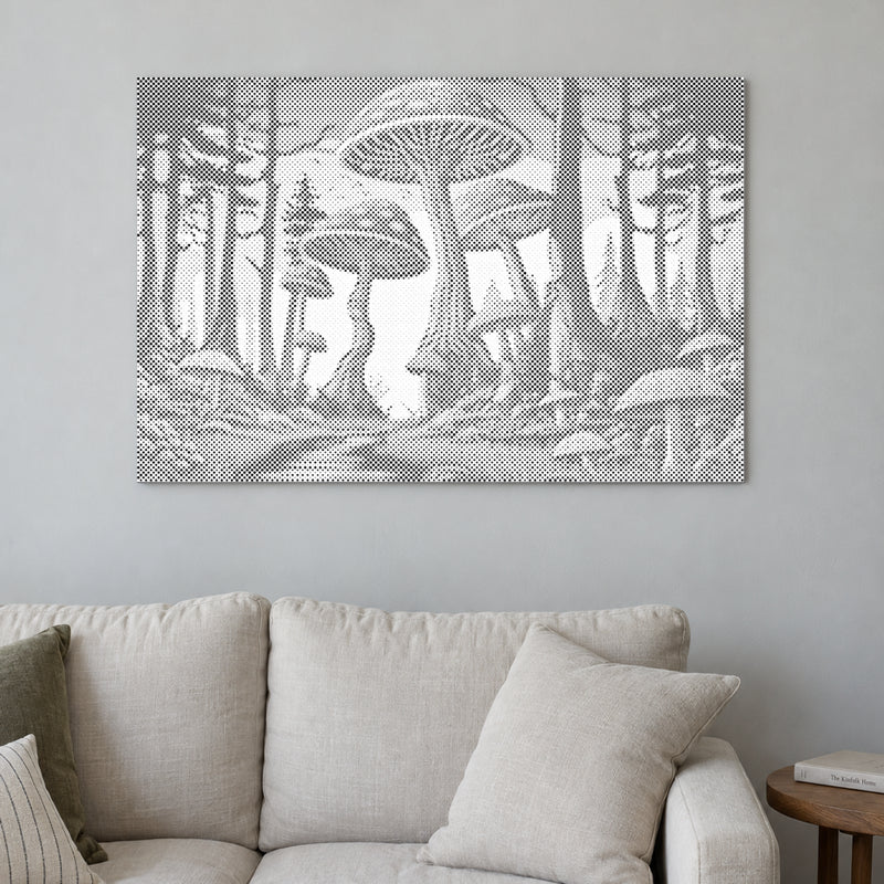 Stippenschilderij “Paddenstoelen”, aan een lichte muur in een kamer met zacht daglicht.