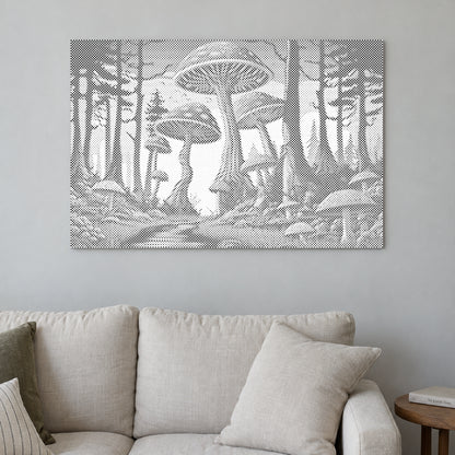 Stippenschilderij “Paddenstoelen”, aan een lichte muur in een kamer met zacht daglicht.