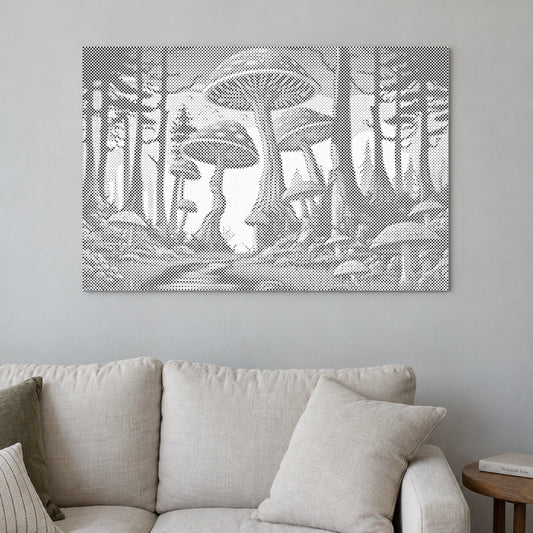 Stippenschilderij “Paddenstoelen”, aan een lichte muur in een kamer met zacht daglicht.