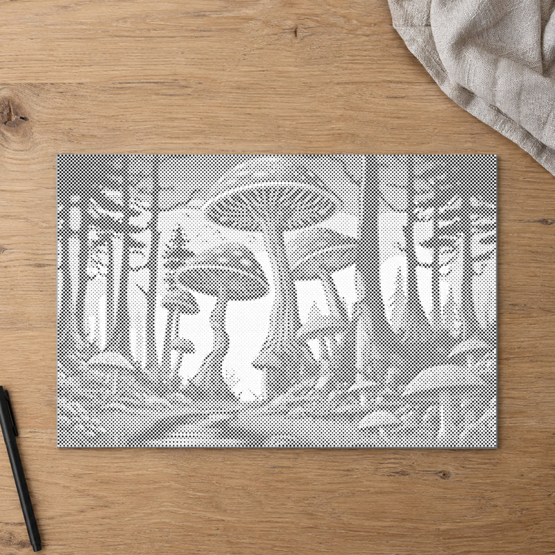 Stippenschilderij “Paddenstoelen”, van bovenaf op een werktafel bij zacht daglicht.