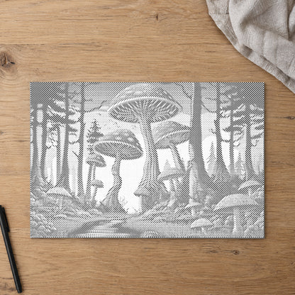 Stippenschilderij “Paddenstoelen”, van bovenaf op een werktafel bij zacht daglicht.