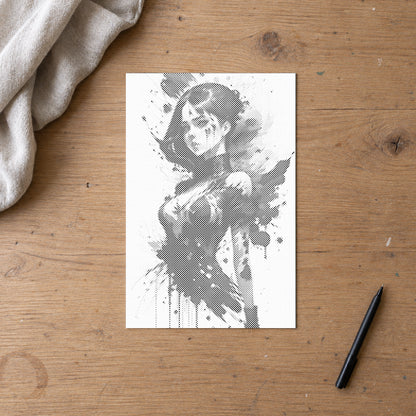 Stippenschilderij “Uitdagende vrouw”, van bovenaf op een werktafel bij zacht daglicht.