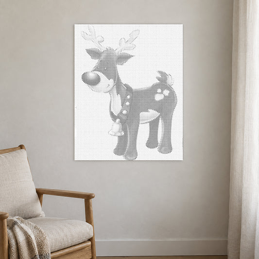 Stippenschilderij “Rudolph het Rendier met de Rode Neus”, aan een lichte muur in een kamer met zacht daglicht.