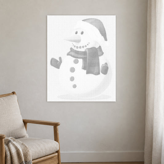Stippenschilderij “Sneeuwpop”, aan een lichte muur in een kamer met zacht daglicht.