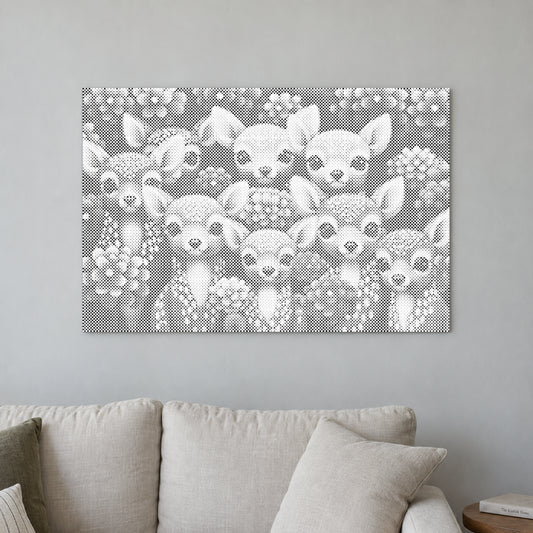 Stippenschilderij “Edelhert Bos Editie”, aan een lichte muur in een kamer met zacht daglicht.