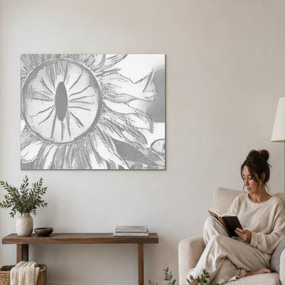Stippenschilderij “Zonnebloemoog”, aan een muur in de woonkamer, met iemand die ernaast in een fauteuil leest.