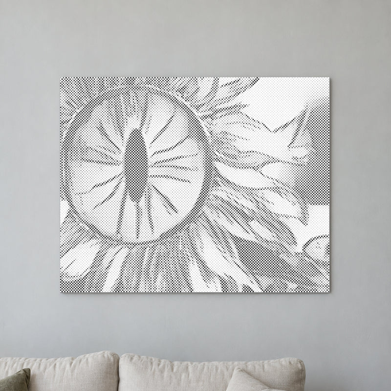 Stippenschilderij “Zonnebloemoog”, aan een lichte muur in een kamer met zacht daglicht.
