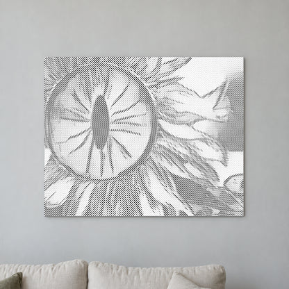 Stippenschilderij “Zonnebloemoog”, aan een lichte muur in een kamer met zacht daglicht.