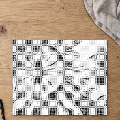 Stippenschilderij “Zonnebloemoog”, van bovenaf op een werktafel bij zacht daglicht.