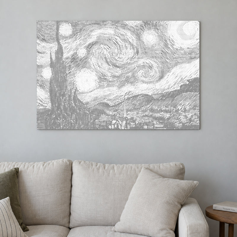 Stippenschilderij “De Sterrennacht van Van Gogh”, aan een lichte muur in een kamer met zacht daglicht.
