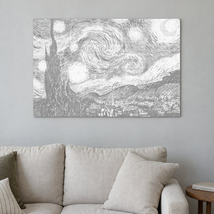 Stippenschilderij “De Sterrennacht van Van Gogh”, aan een lichte muur in een kamer met zacht daglicht.