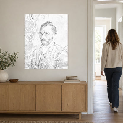 Stippenschilderij “Vincent van Gogh Zelfportret”, aan een lichte muur, met iemand die door de deur ernaast loopt.