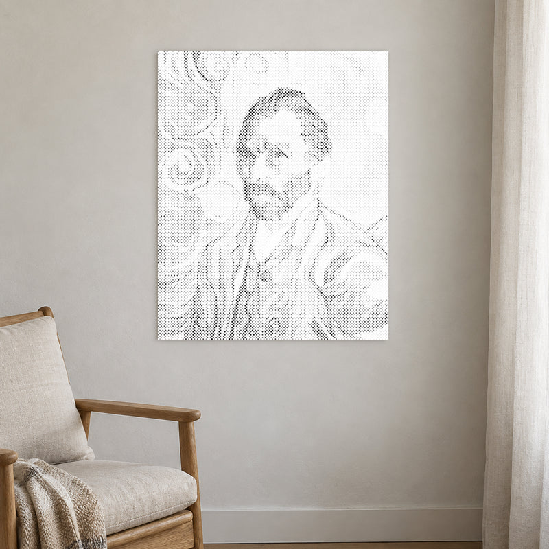 Stippenschilderij “Vincent van Gogh Zelfportret”, aan een lichte muur in een kamer met zacht daglicht.