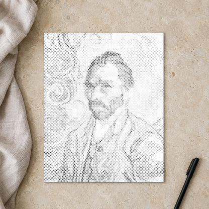 Stippenschilderij “Vincent van Gogh Zelfportret”, van bovenaf op een werktafel bij zacht daglicht.