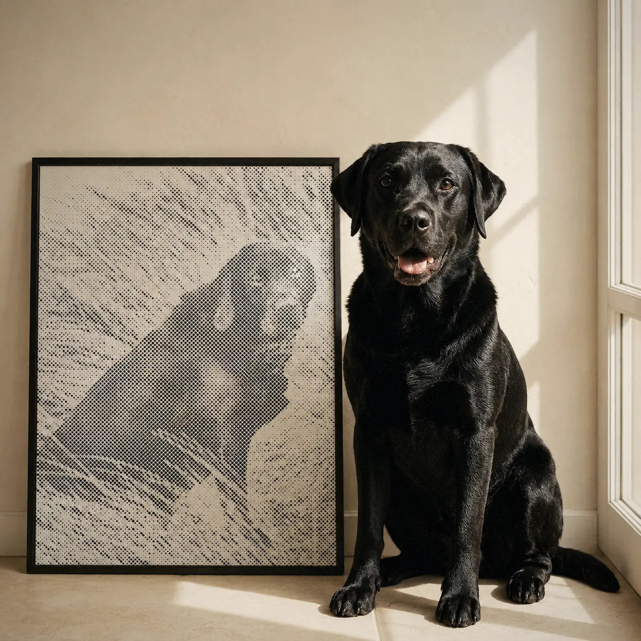 Dot painting van eigen foto met hond naast het voltooide kunstwerk