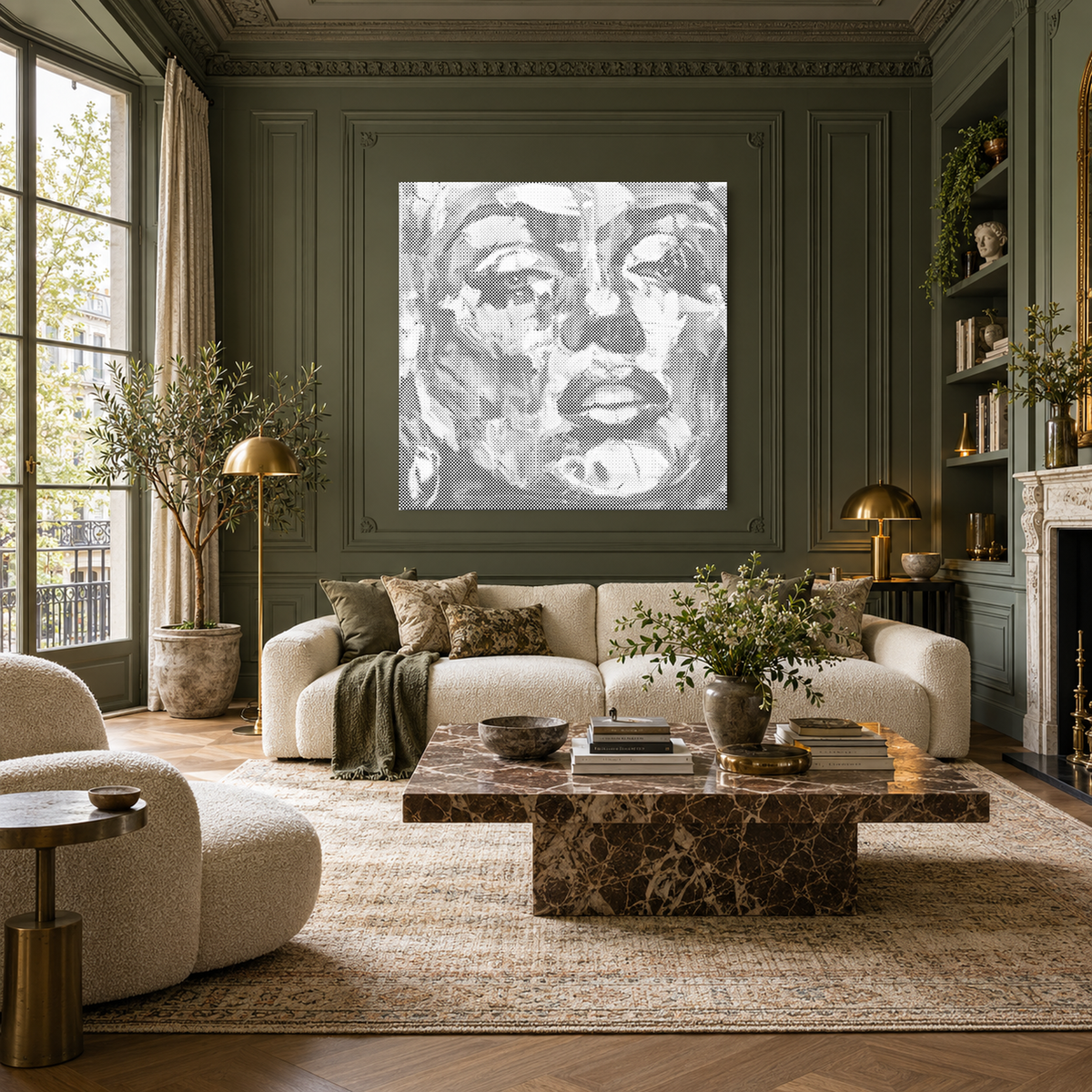 De beschilderde muze als vierkant stippelportret in een ruim beeld van een luxe woonkamer met olijfgroene wandpanelen.