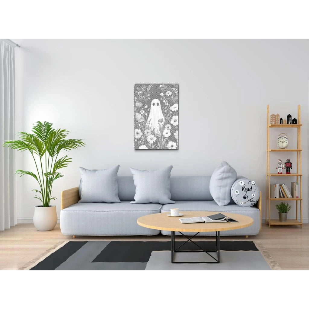 Spook in het Bloemenveld | Dot Painting Kit als afgewerkt stippelschilderij kunstwerk