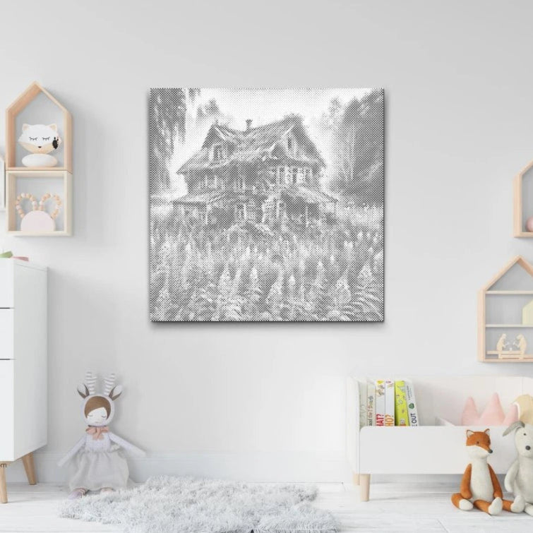 Punktmalerei-Motiv eines verlassenen Hauses – für Fans von Lost Places.