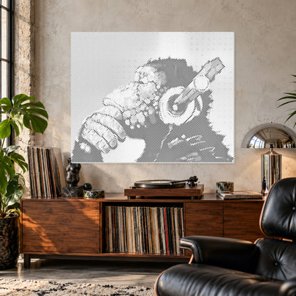 Stippelschilderij van een aap met koptelefoon boven een walnoten platenkast, zonder zwarte lijst.