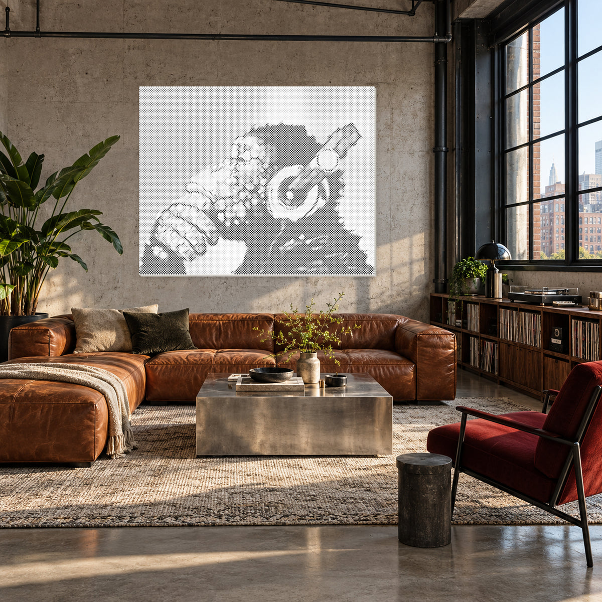 Stippelschilderij van een aap met koptelefoon in een industriële loft met cognackleurige leren bank en vinylplaten.