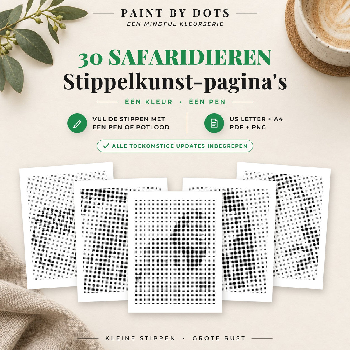 Omslag van het Safaridieren stippelschilderij boek met 30 printbare safariontwerpen