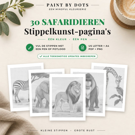 Omslag van het Safaridieren stippelschilderij boek met 30 printbare safariontwerpen