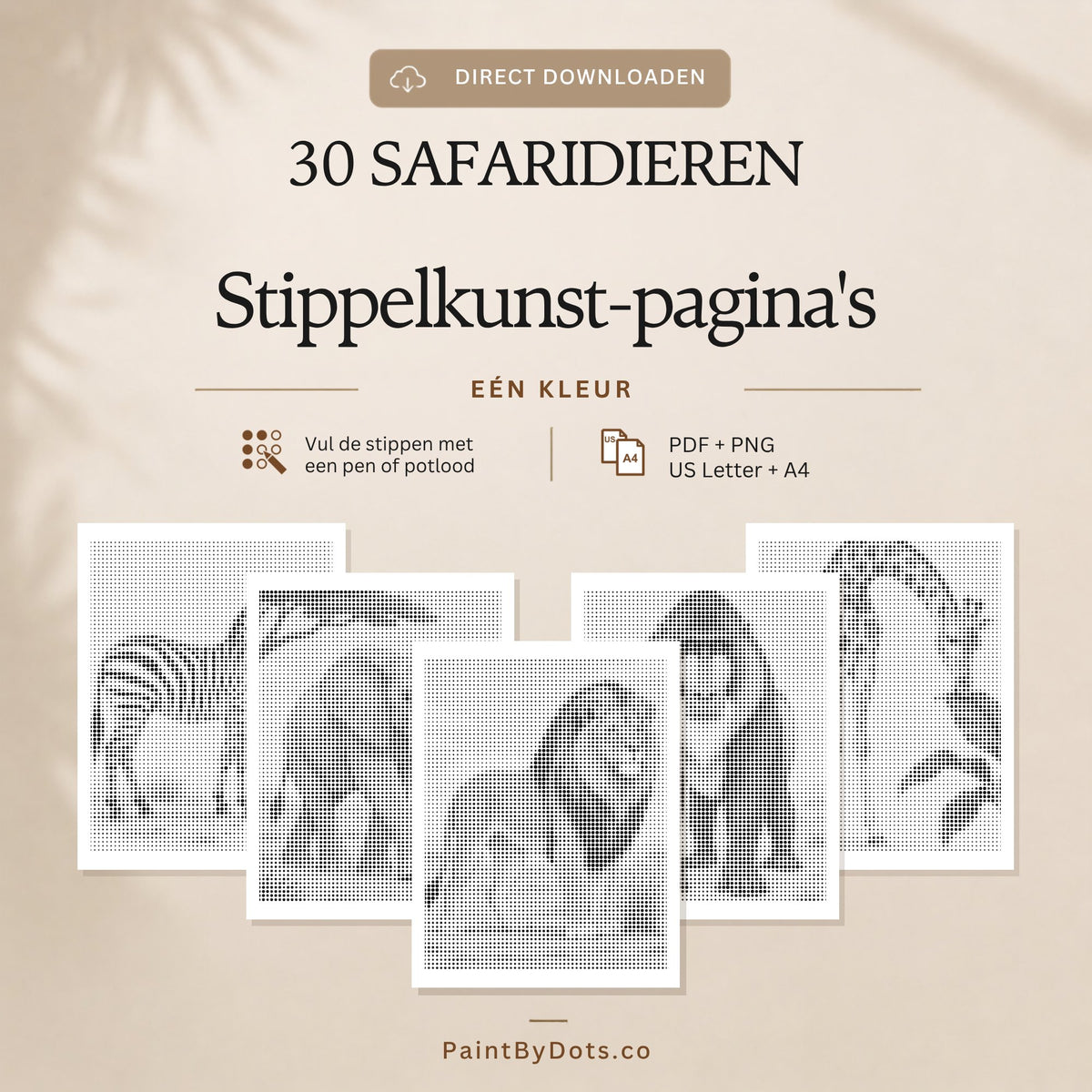 Safaridieren digitale download met 30 printbare stippelschilderij pagina's (dot painting)