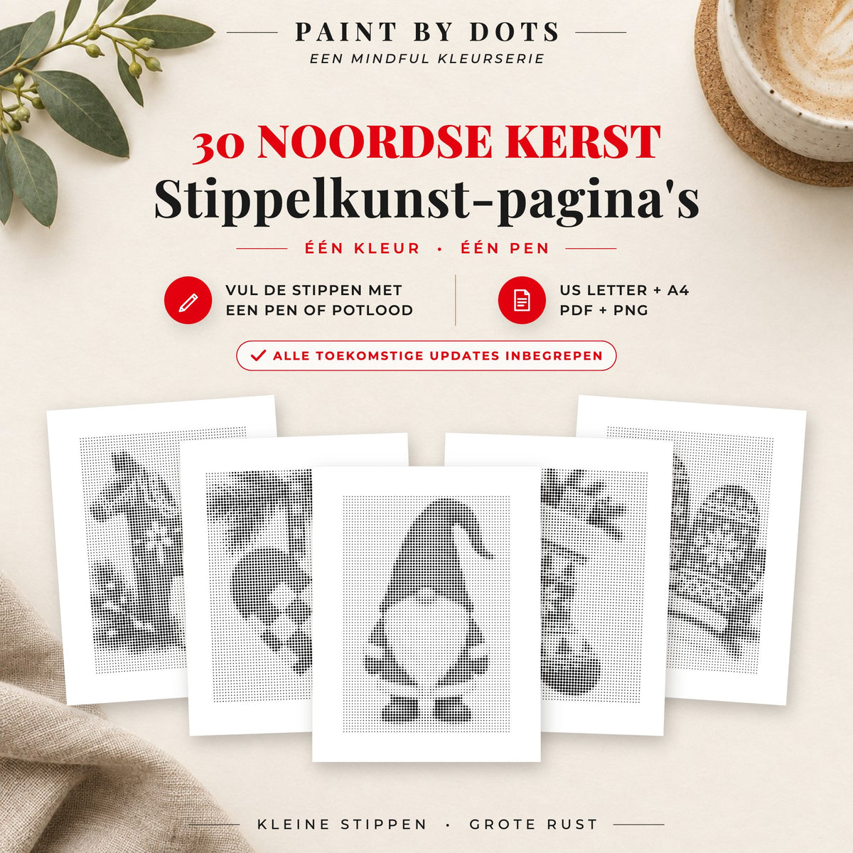 Omslag van het Scandinavische kerst stippelschilderij boek met 30 printbare Noordse kerstontwerpen