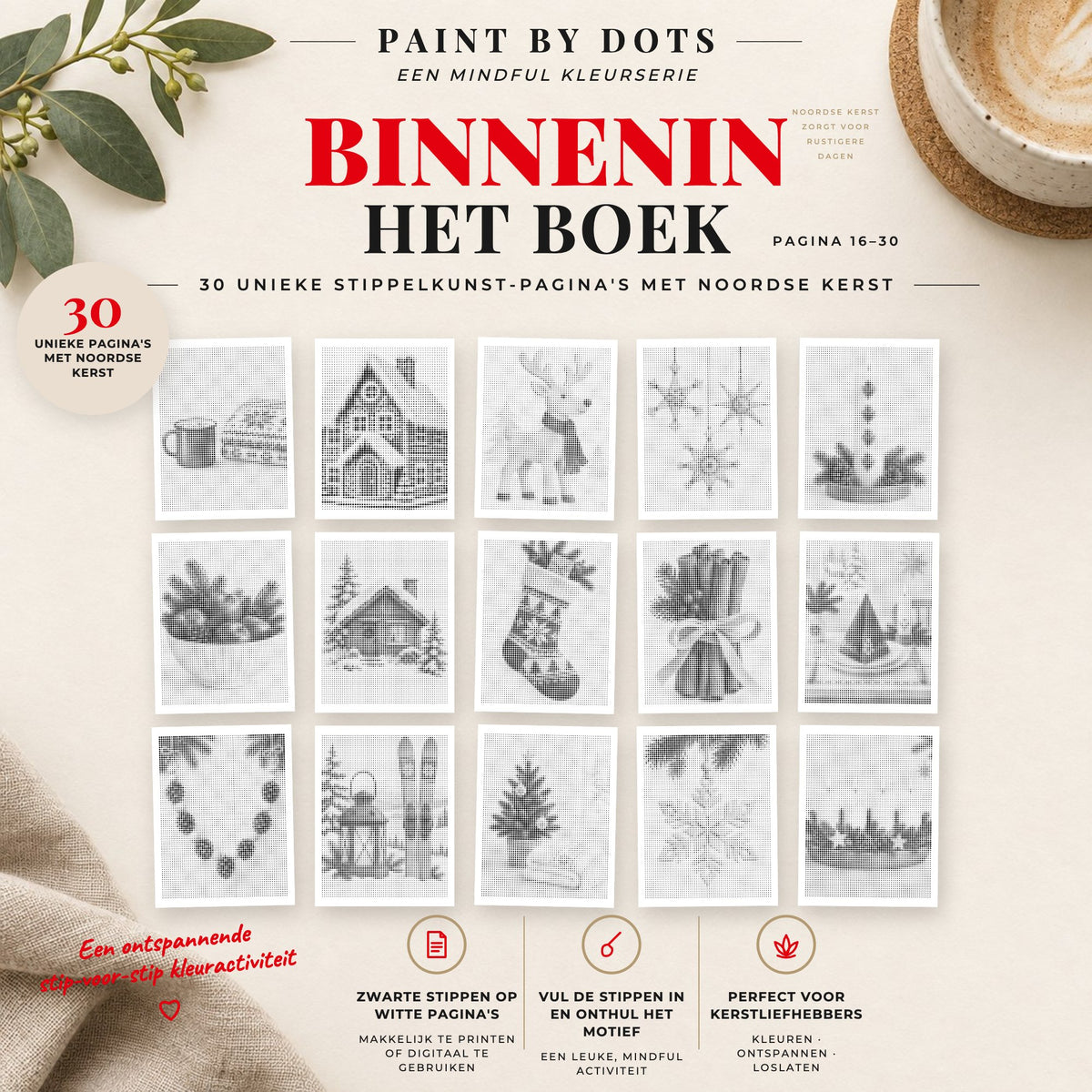 Voorbeelden van printbare Scandinavische kerst stippelschilderijen, pagina's 16 tot 30