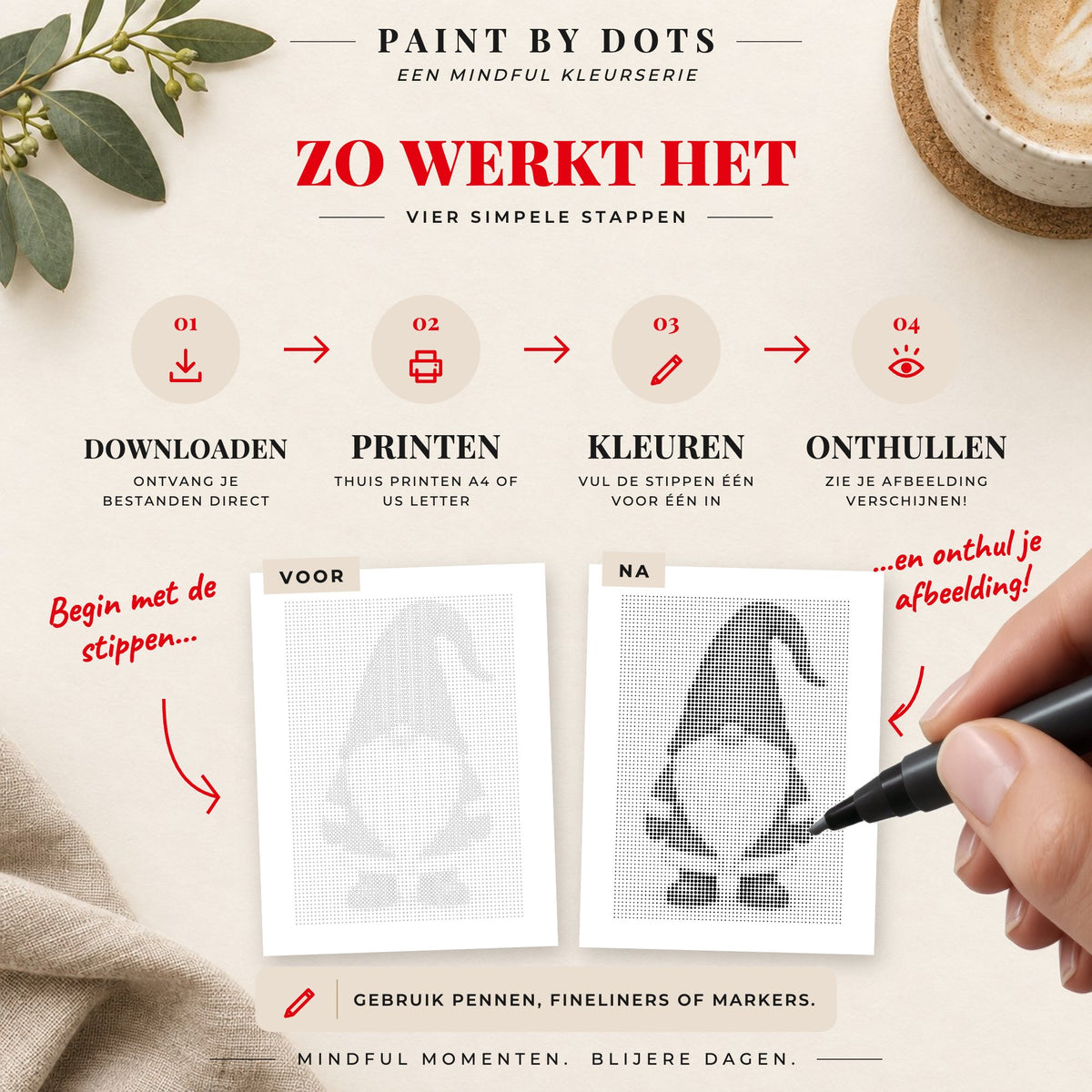 Zo download, print en kleur je de cirkels in het Scandinavische kerst stippelschilderij boek