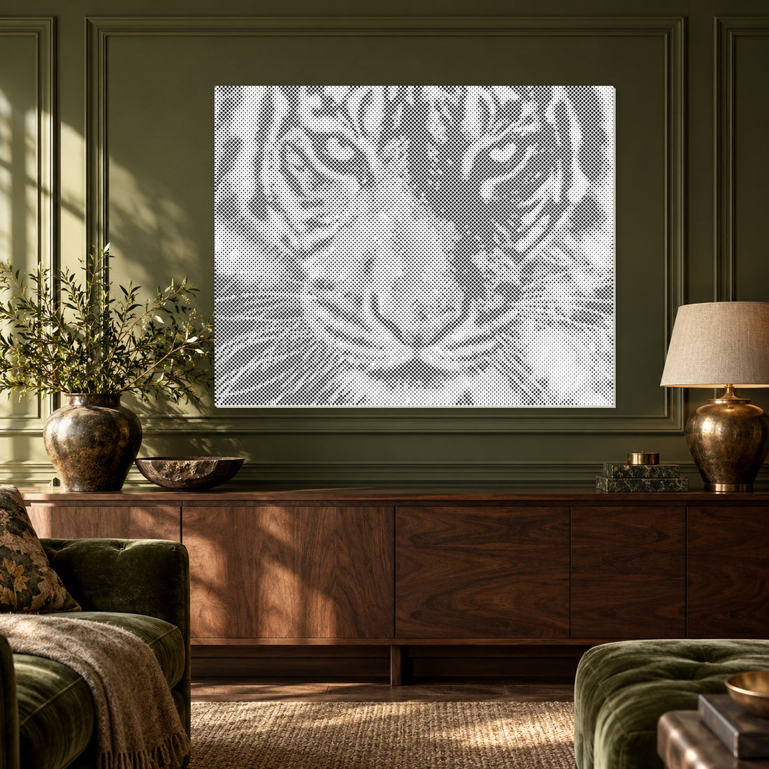 Wilde majesteit: Stippelschilderij van een tijger van dichtbij tegen een olijfgroene wand met panelen boven een walnoten console.