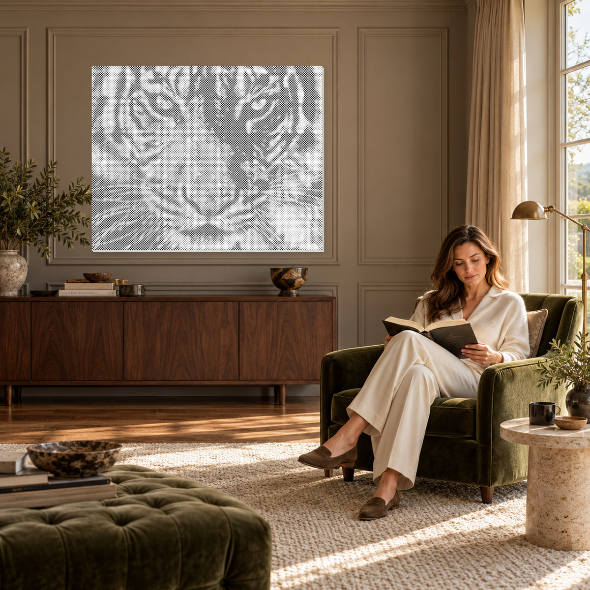 Wilde majesteit: Stippelschilderij van een tijger in een leeskamer met taupekleurige wandpanelen en een vrouw op een stoel.