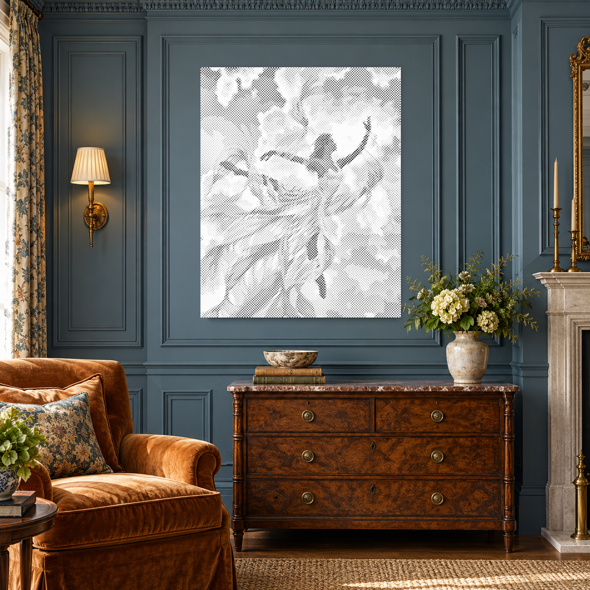 Gratie in de wind als stippenschilderij in een luxe blauwe kamer met wandpanelen, een fluwelen fauteuil en walnoten kast.