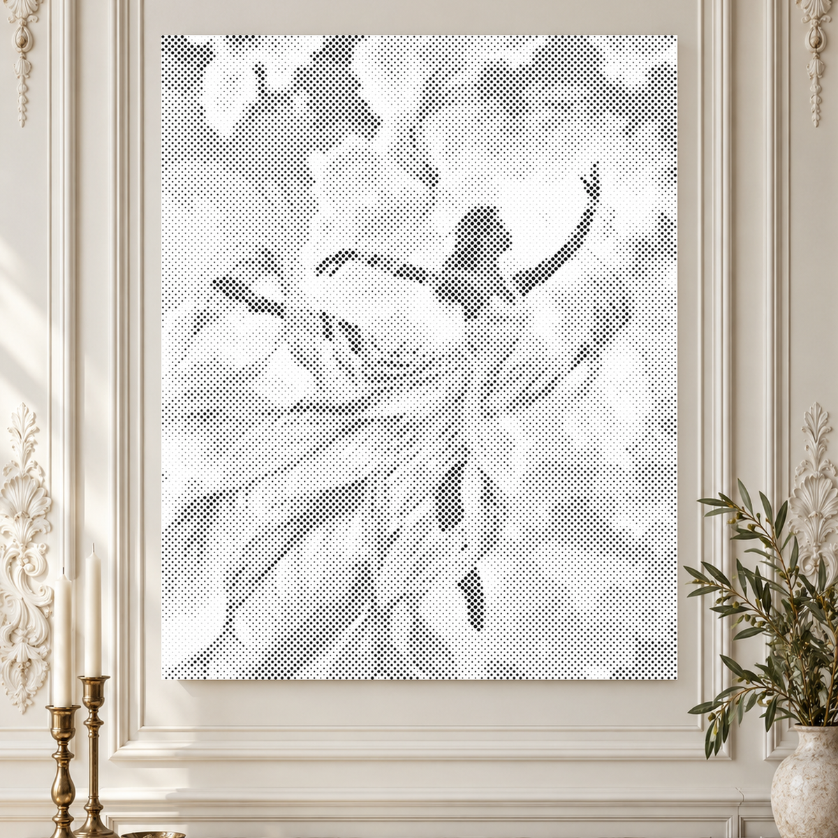Gratie in de wind, een stippenschilderij van een dansende vrouw, van dichtbij tegen sierlijke ivoorkleurige wandpanelen.
